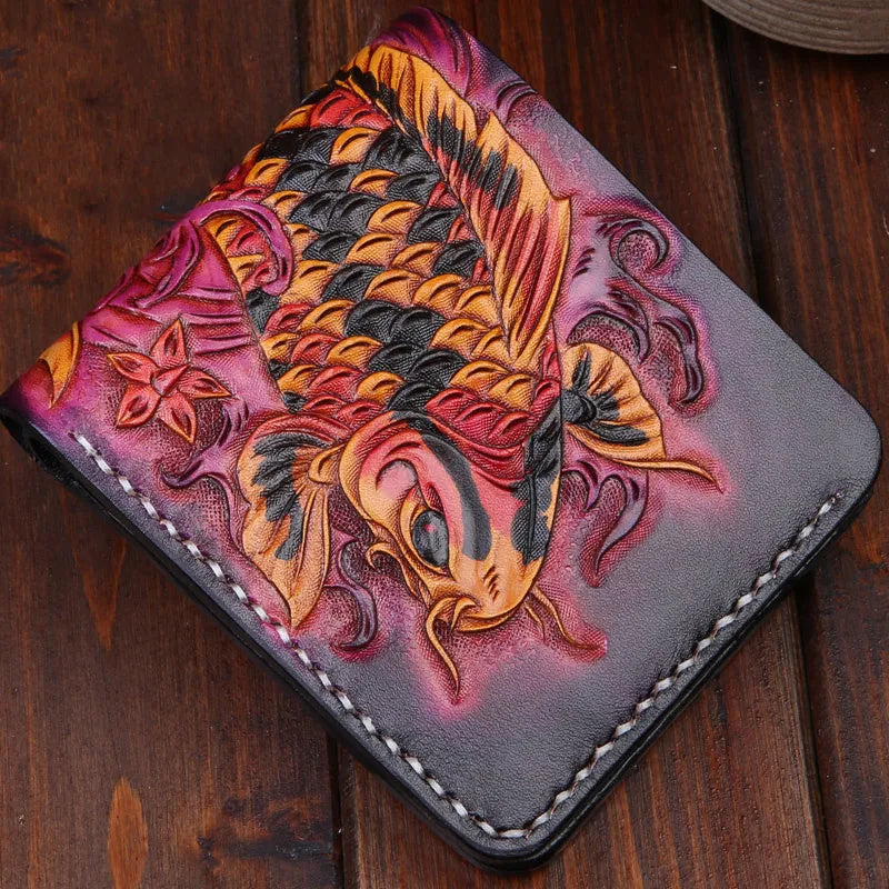 Men's solid colour leather short wallet with manual carving detail, shown in blue, red, and gold.