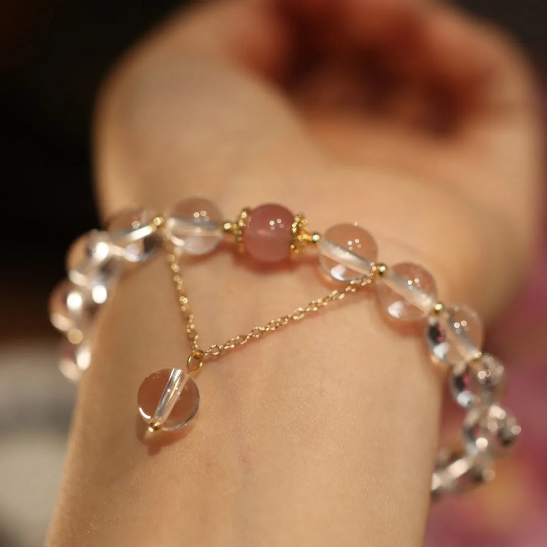 White crystal bracelet with cat eye obsidian details in Chinese geometric style