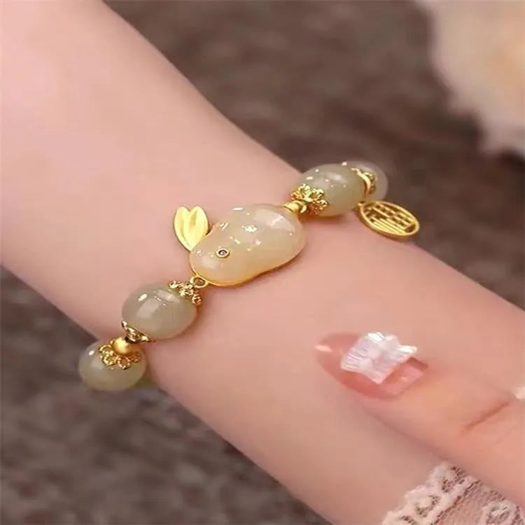 Green electroplated Jade Hare bracelet with Chinese Zodiac animal design for women.