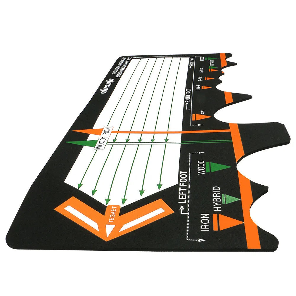 Black neoprene golf swing posture training mat for alignment and stance correction.