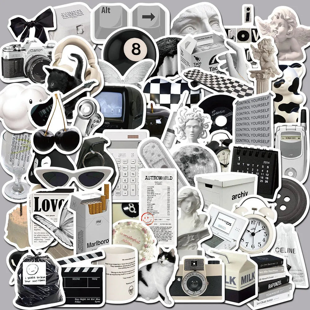 61-piece black and white waterproof PVC sticker set for laptops, phones, and cups.