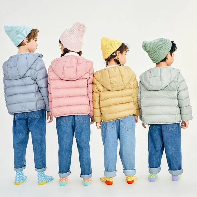 Neutral boys and girls hooded down jacket, solid colour, nylon shell, available in Classic Black and other colours