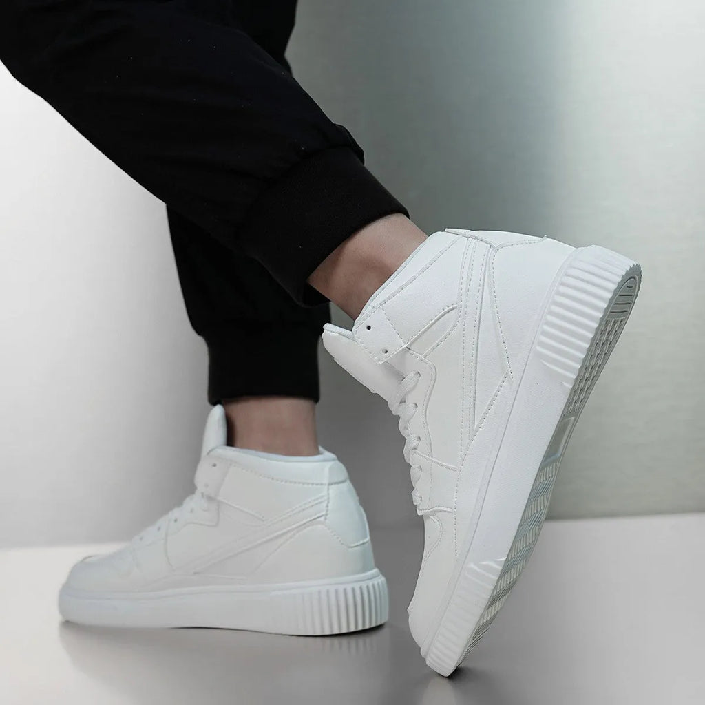 Solid white men's casual round-toe shoes made from microfiber, shown on a plain background.