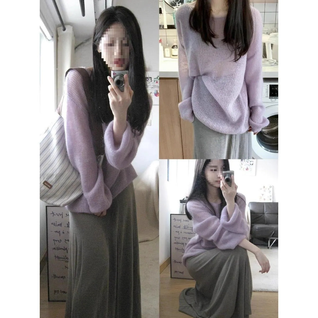 Purple women's sleeveless sweater with round neck and hollow-out pattern in ice silk fabric