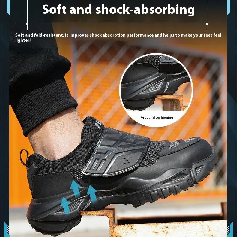 Black safety shoes with steel toe cap, felt buckle closure and anti-puncture sole for workplace protection