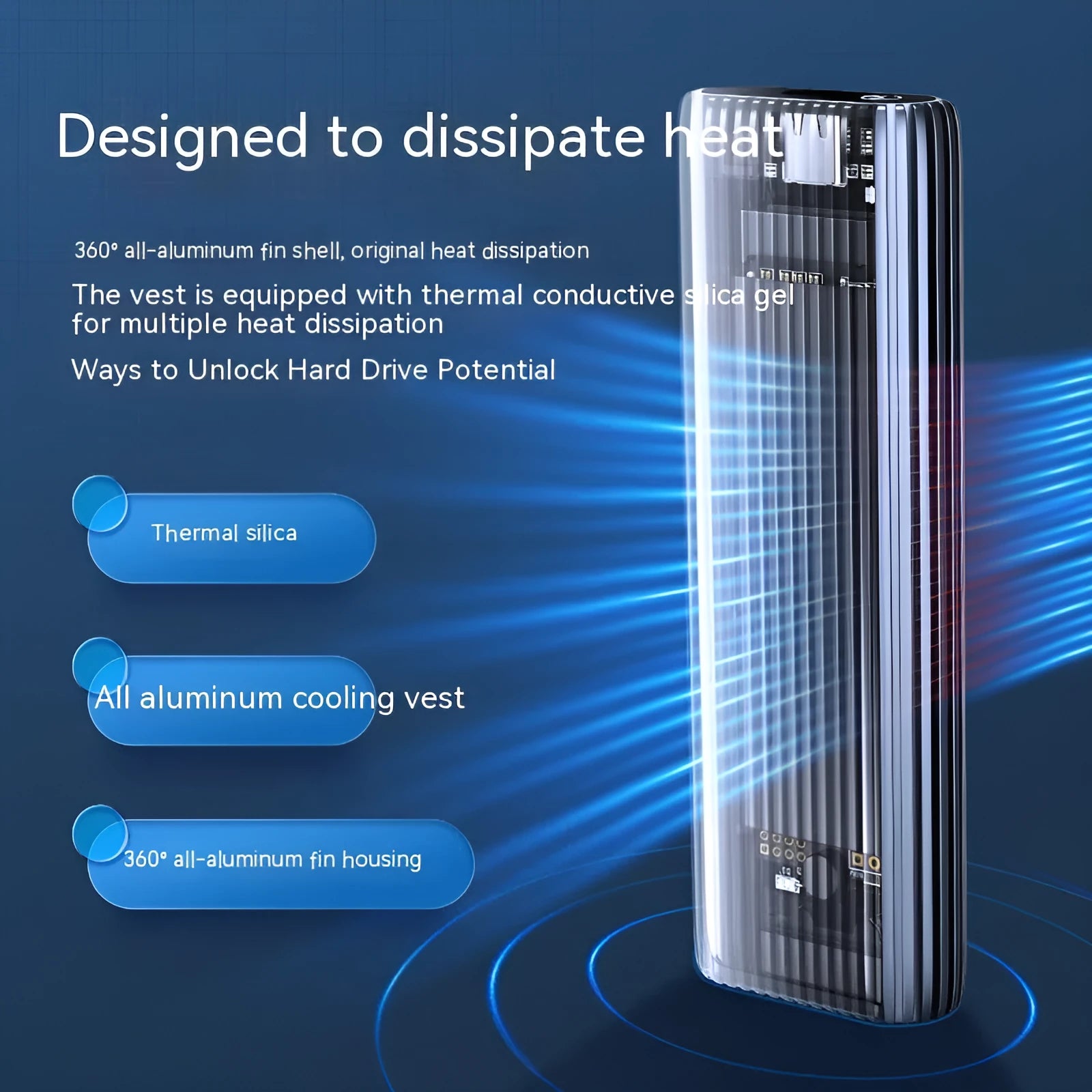 Aluminium SSD external enclosure for M.2 drives with heat dissipation accessories and data cable