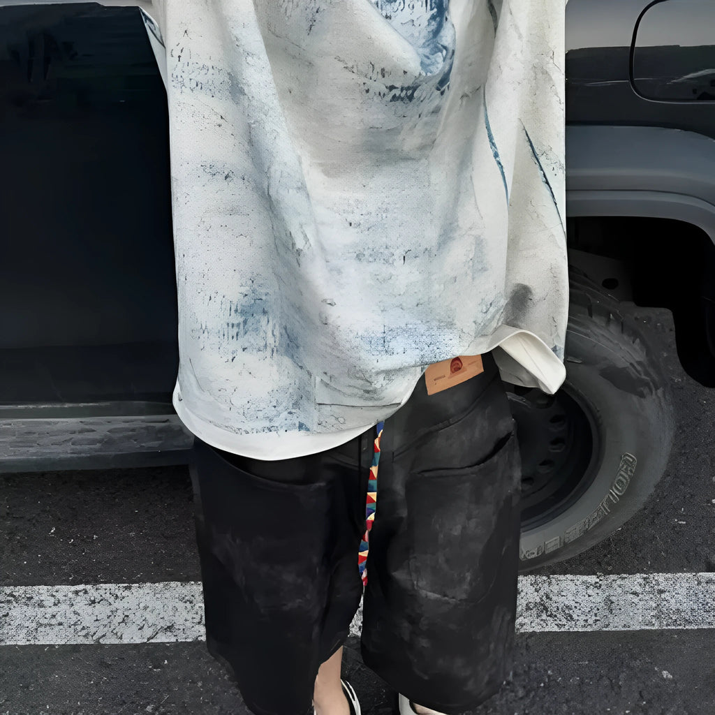 Korean style loose fit short sleeve t-shirt with full graphic print, tie-dye, and distressed wash effects.