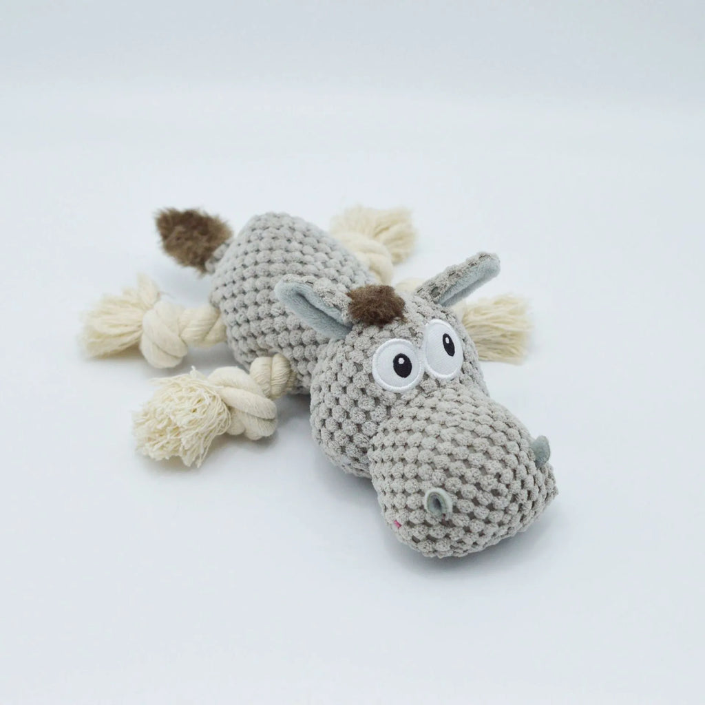 Grey donkey plush dog toy with creak sound mechanism, measuring 27×20×9.5 cm