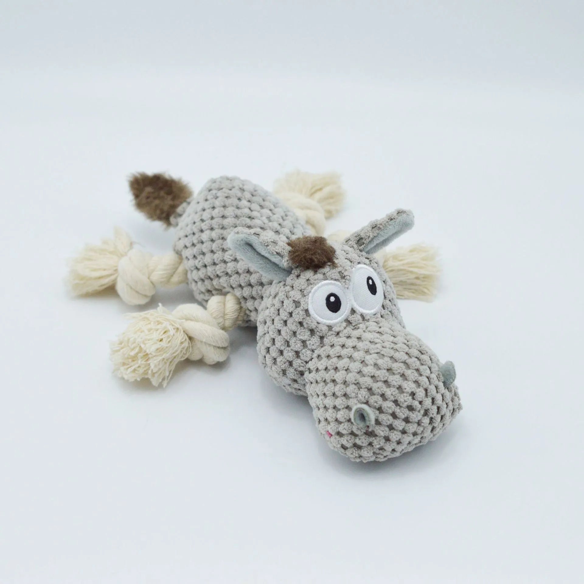 Grey donkey plush dog toy with creak sound mechanism, measuring 27×20×9.5 cm