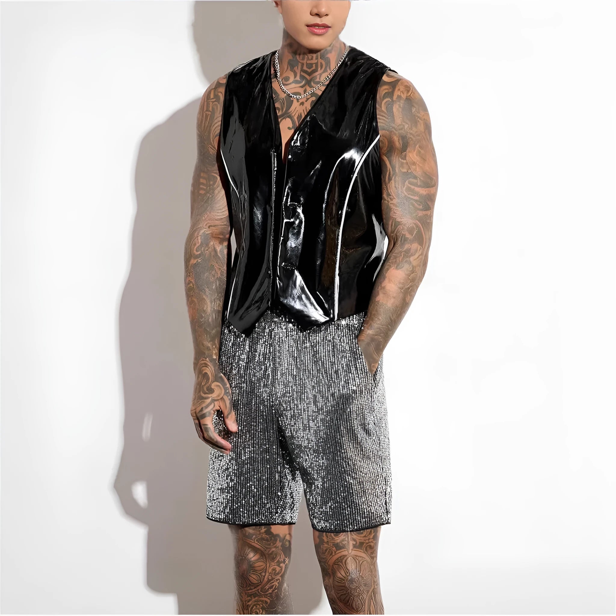 Men's straight-leg shorts with shiny sequin embellishments in silver or black, featuring an elastic waistband.