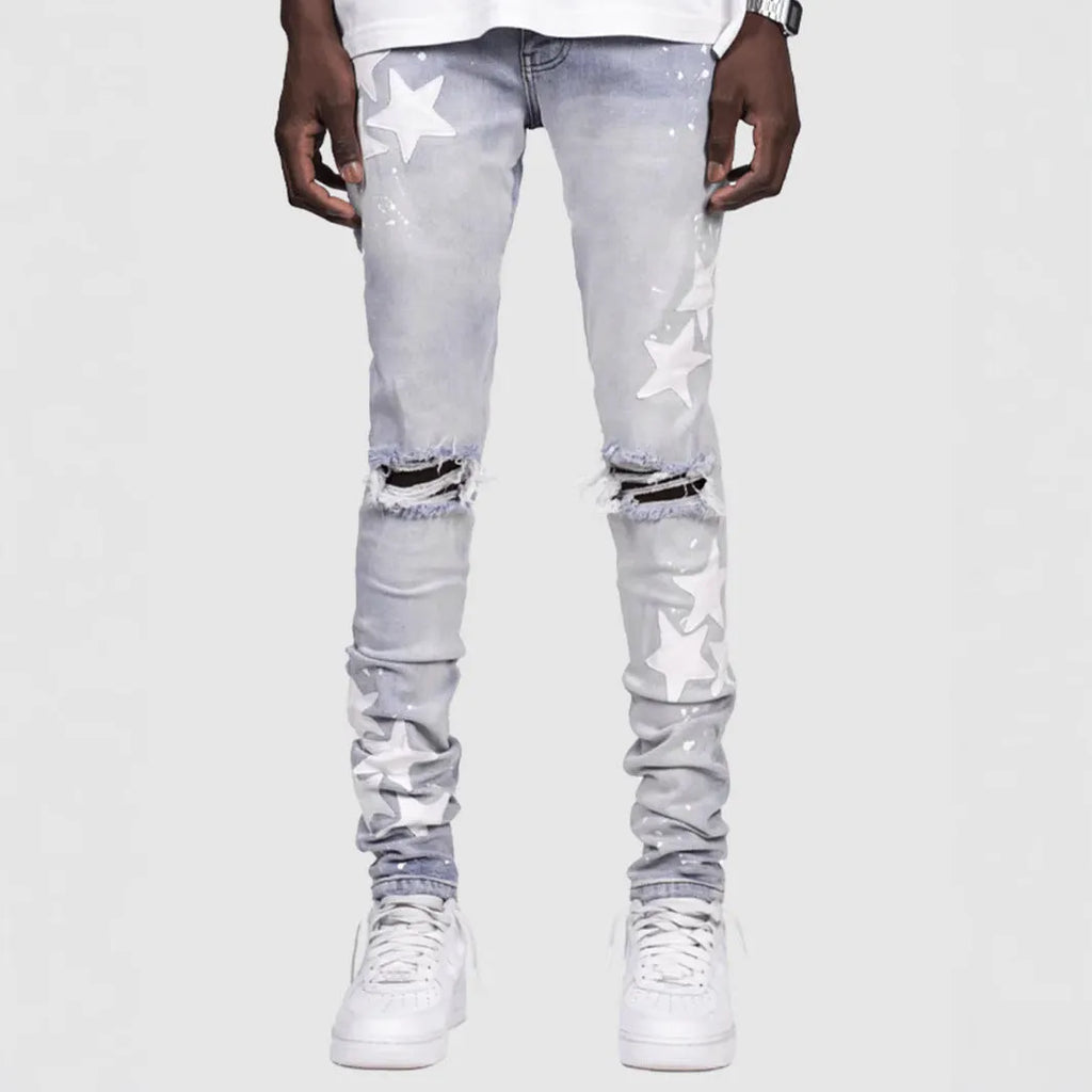 Men's slim stretch jeans in blue, grey, and light blue colours with embroidery detail