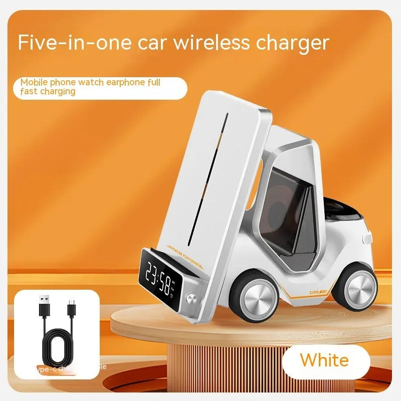 Foldable grey wireless charging stand holding a phone, an Apple Watch, and AirPods case.