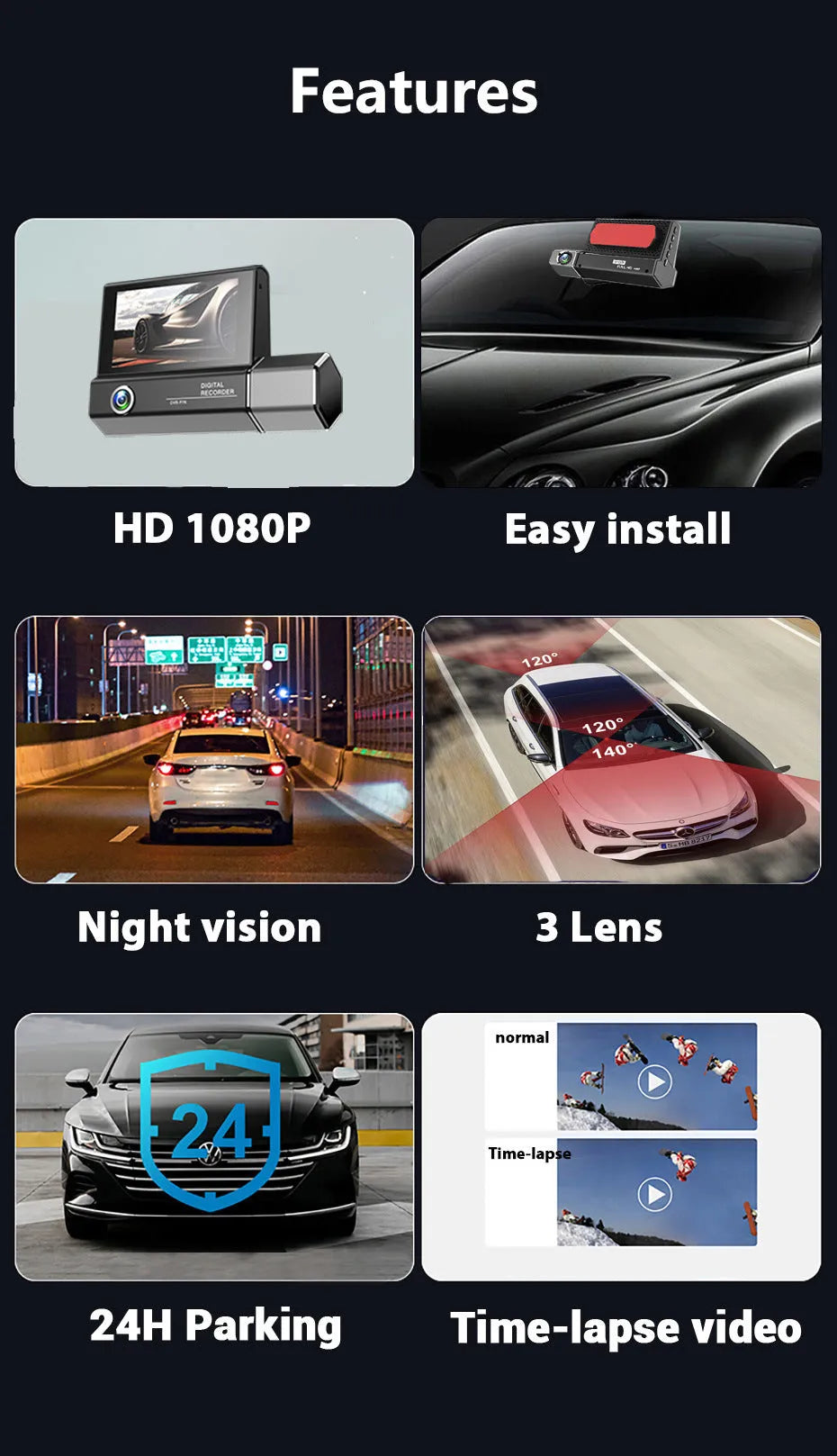 Black triple-lens HD 1080P car dash camera with touch screen