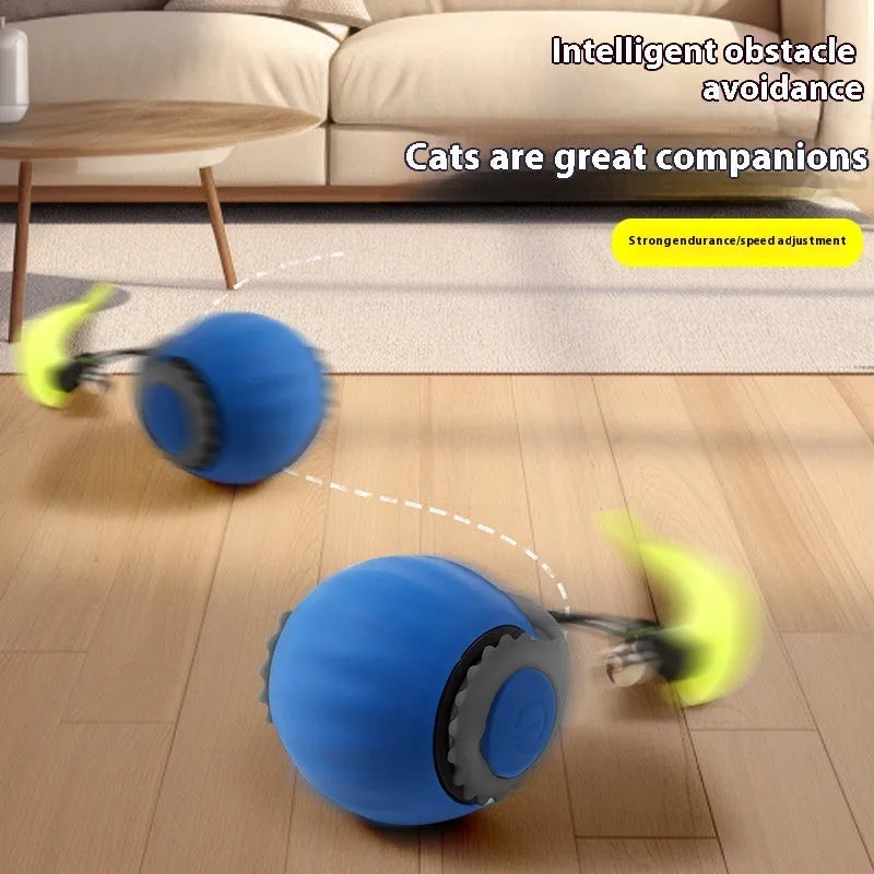 Automatic rolling cat toy ball in silicone with blue or orange colour options and gun grip handle