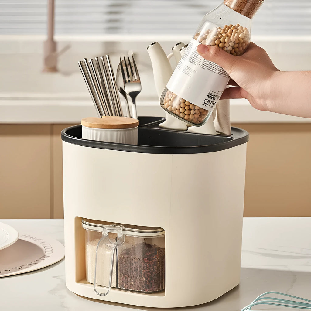 Rotating kitchen storage container with spice box organises utensils and seasonings