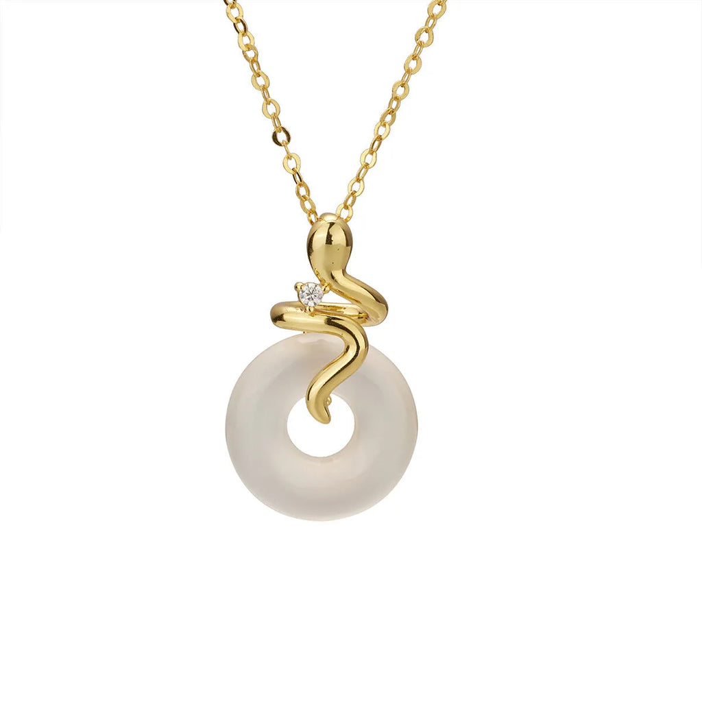 Women's sterling silver snake necklace with white jade inlay pendant on cross chain