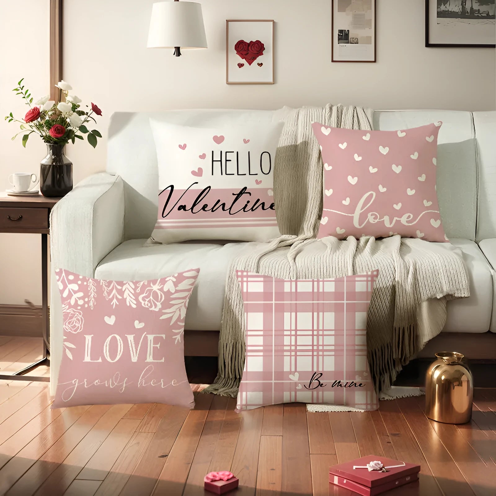 Square decorative pillow cover with red and black plaid and white heart pattern on a grey sofa.