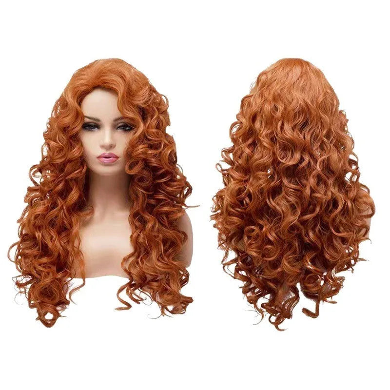 Brown long curly wavy synthetic wig with fluffy texture and built-in cap for cosplay and costume wear