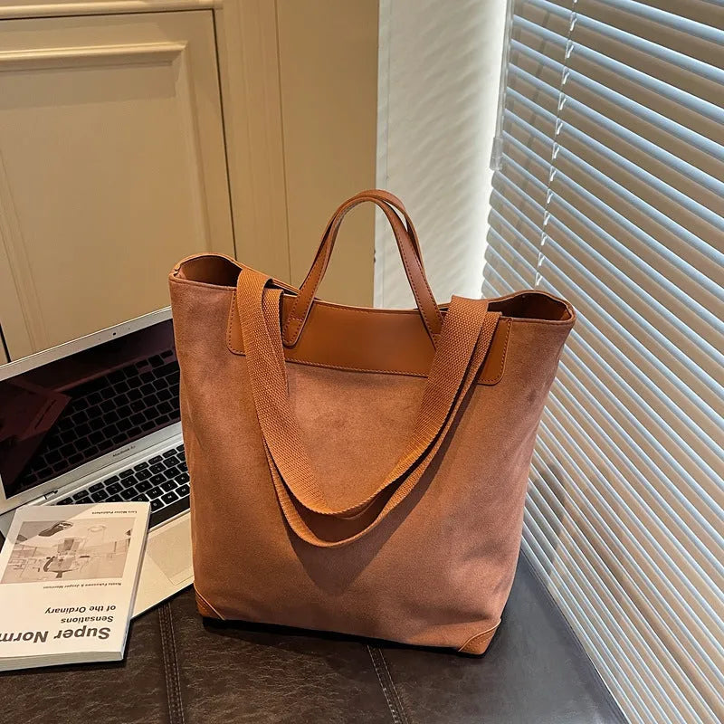 Suede simple shoulder bag for women, urban style, 38x17x35cm, available in four colours, sandwich pocket