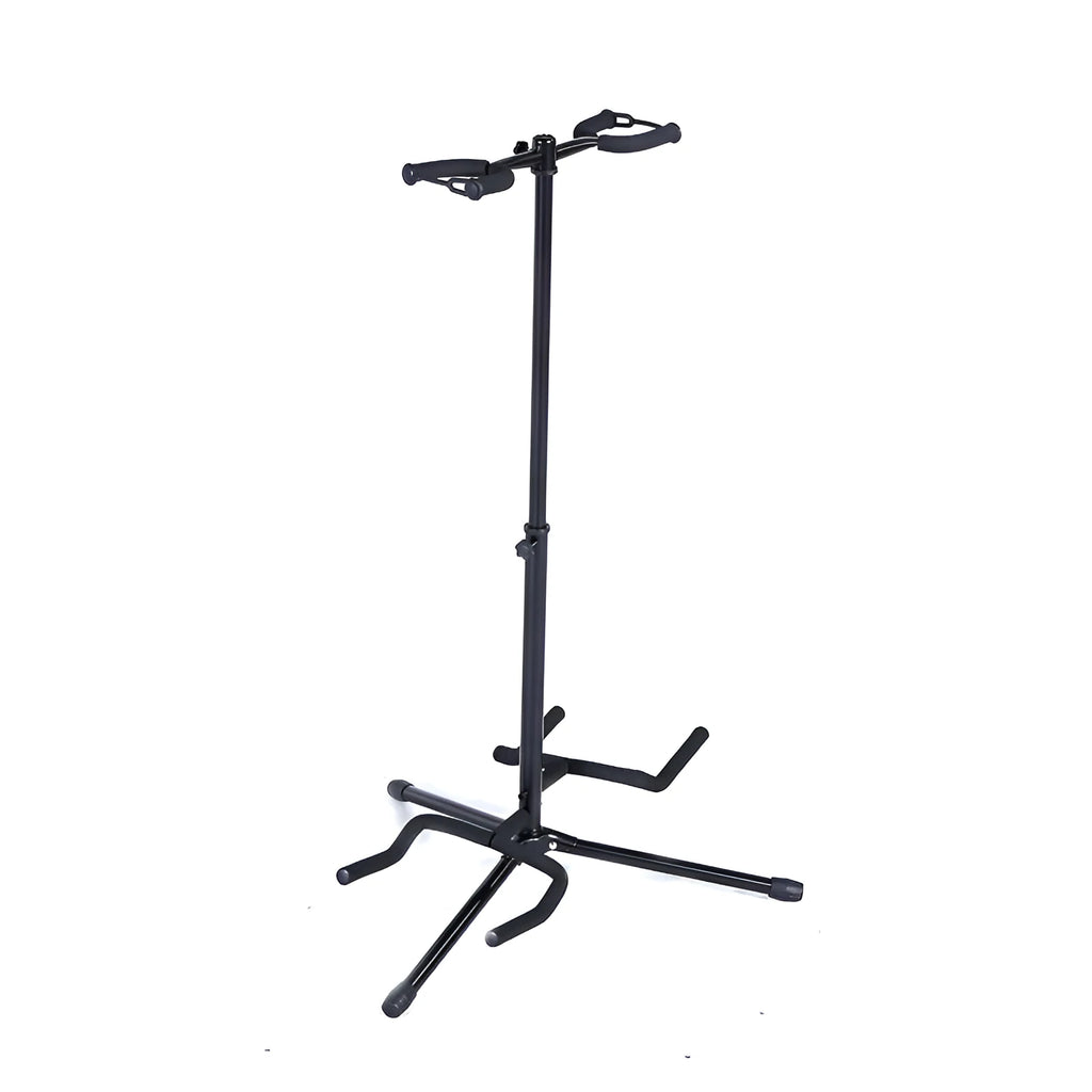 Black vertical double-headed adjustable guitar stand holding two guitars.