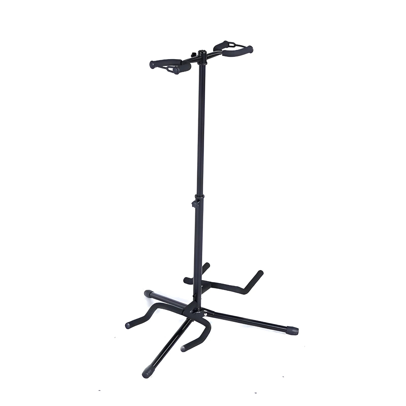 Black vertical double-headed adjustable guitar stand holding two guitars.