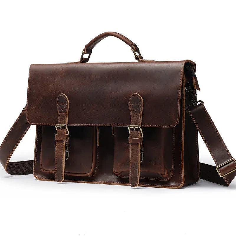 Genuine cowhide leather computer crossbody bag for business travel with anti-theft features