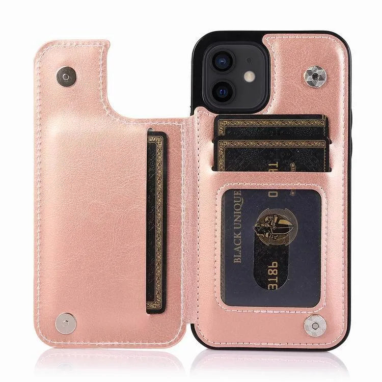 Crazy Horse pattern leather iPhone 13 phone case with double buckle bracket holster in multiple colour options