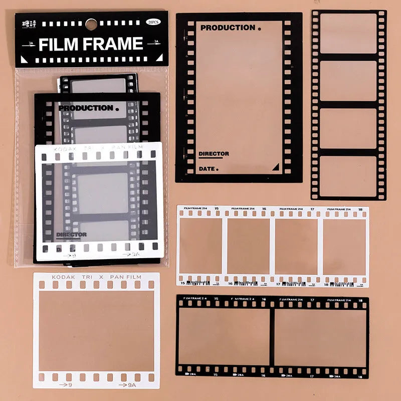 Set of 15 retro frame design stickers on transparent PET paper for journal decoration.