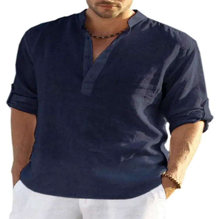 Men's casual cotton linen shirt in a solid colour with a stand collar and long sleeves.