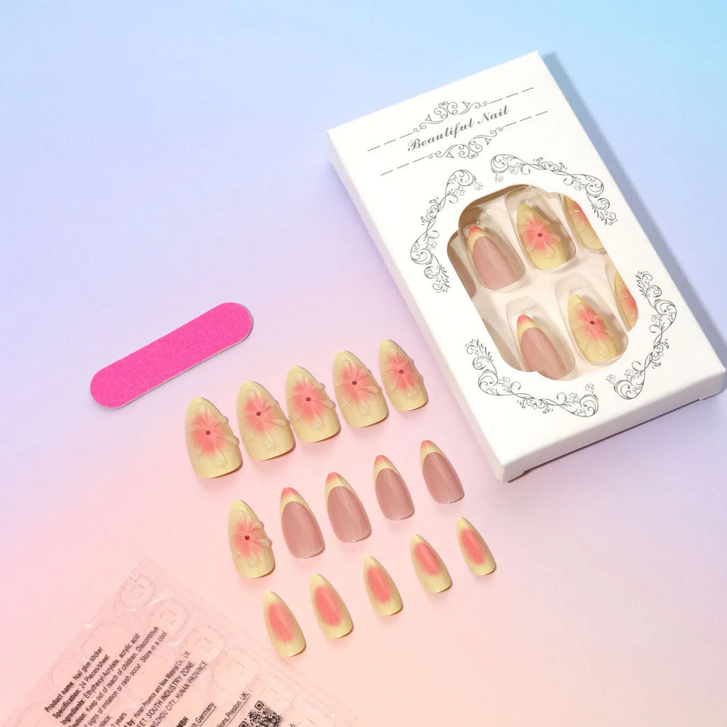 Cartoon 3D flower design on plastic detachable fake nails with jelly glue and file.