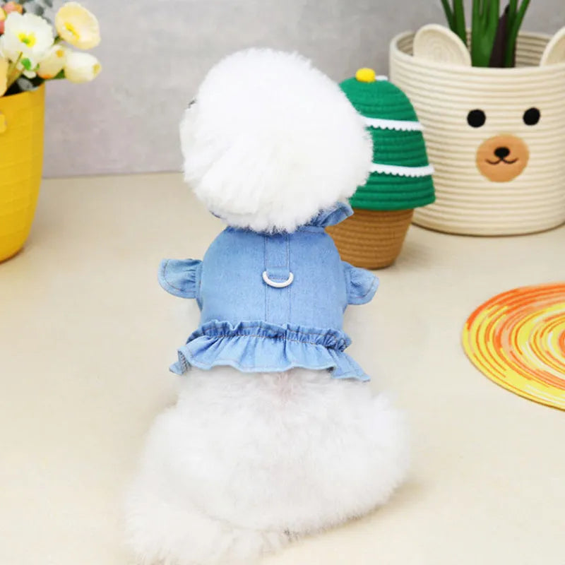 Blue denim dog dress with ruffles vest detail and a metal leash hook on the chest.