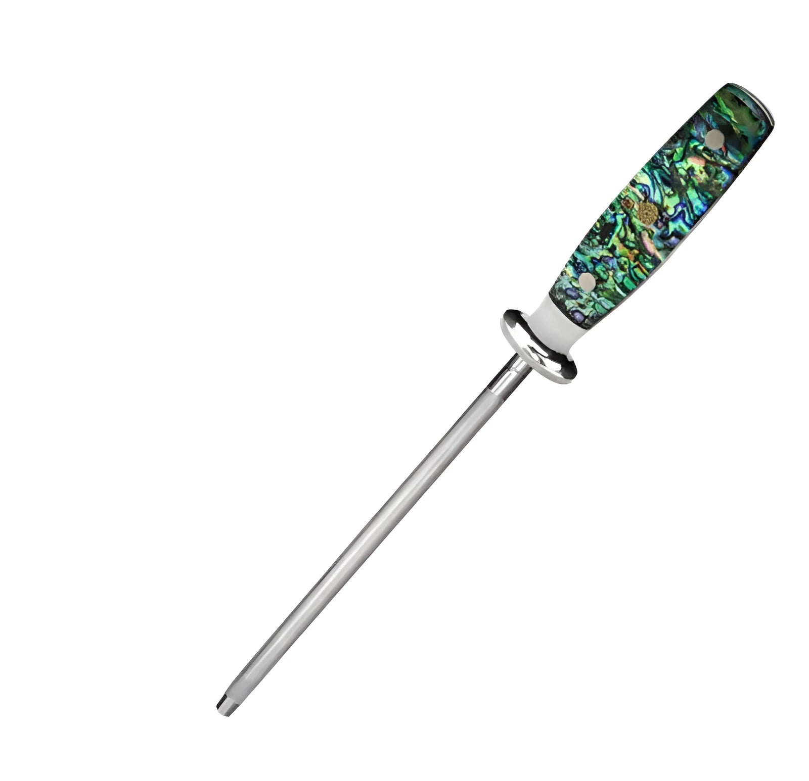 Manual high carbon steel knife sharpener with abalone shell handle on a surface