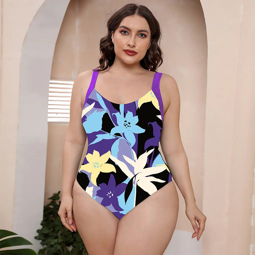 Women's floral print conservative one-piece swimsuit with spaghetti straps for hot springs and swimming.