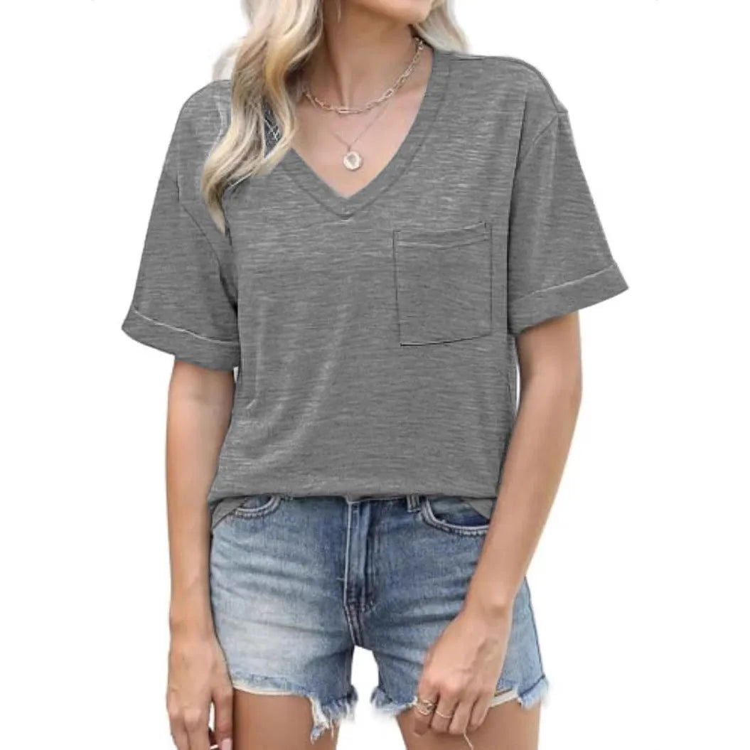 Grey loose-fit V-neck short sleeve t-shirt with a chest pocket on a solid background