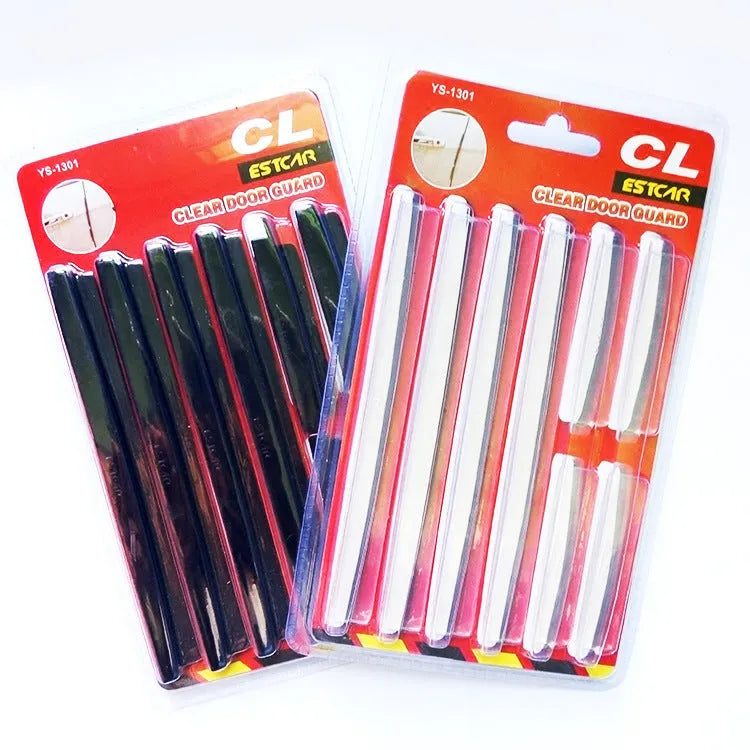 White plastic car door edge protection strip with adhesive backing, shown in packaging.