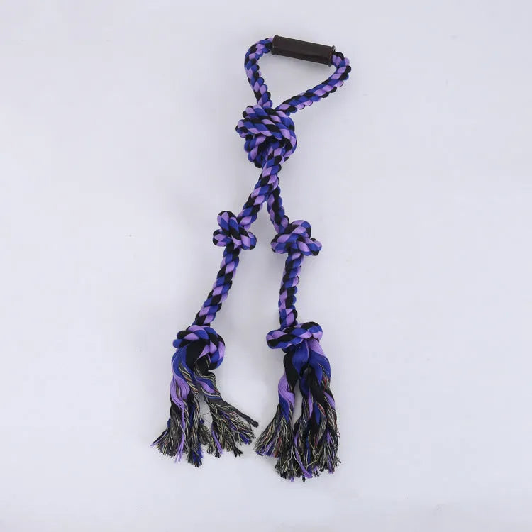 Blue and yellow cotton rope dog toy with handle for large breed tug-of-war