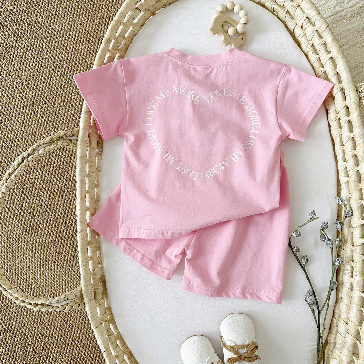 Korean style heart print cotton baby suit two-piece set in pink colour