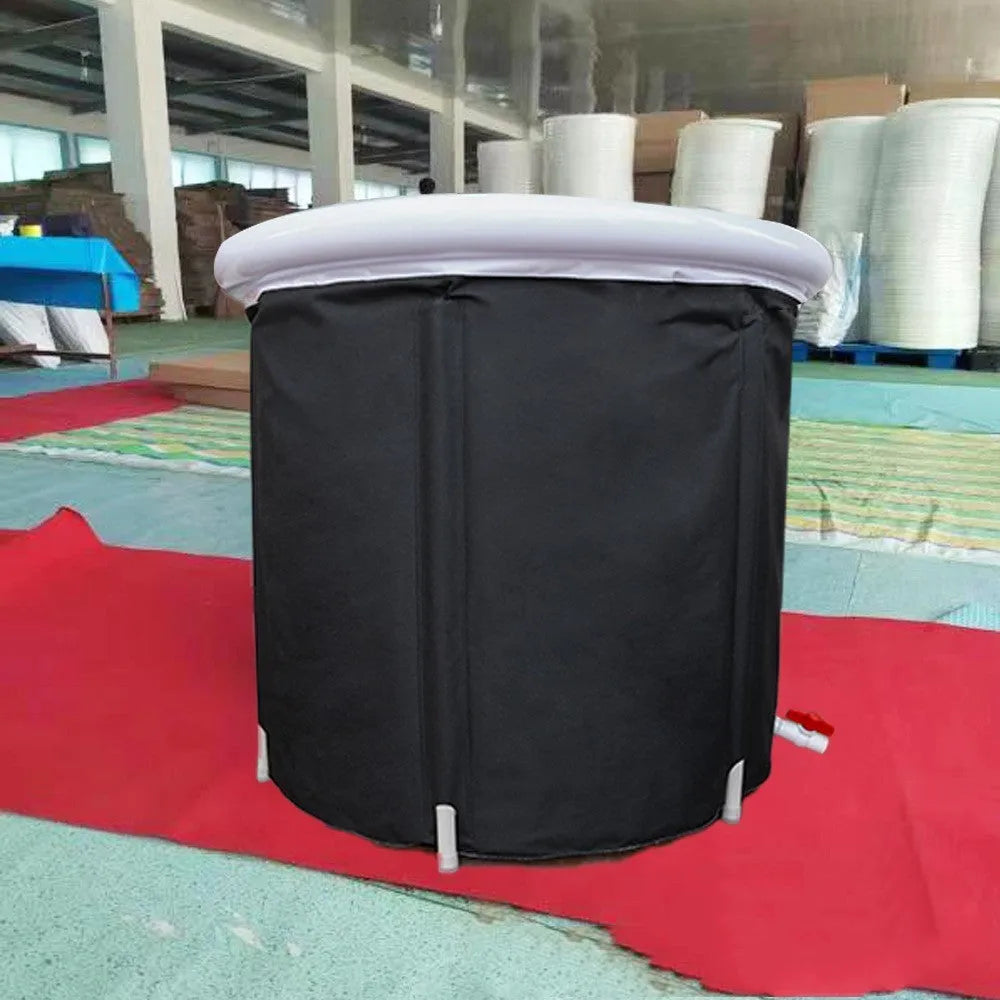 Black portable inflatable ice bath measuring 70x80cm with weather lid and accessories