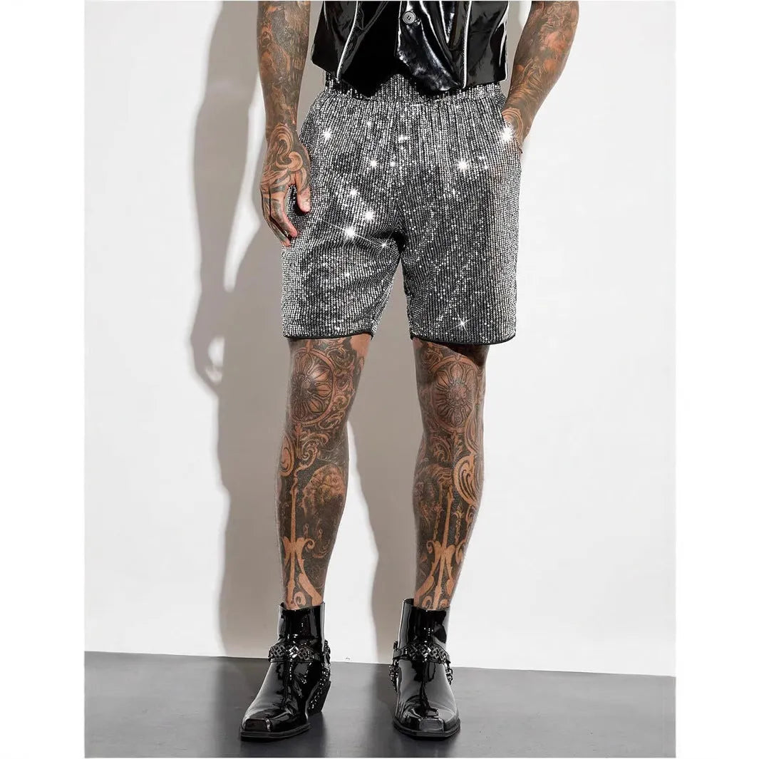 Men's straight-leg shorts with shiny sequin embellishments in silver or black, featuring an elastic waistband.