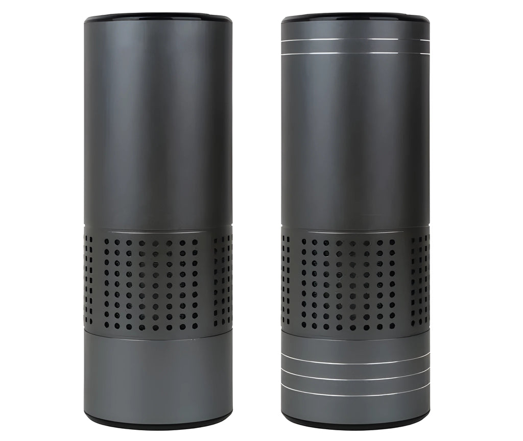 Aluminium alloy car air purifier with display screen and USB cable for vehicle use.