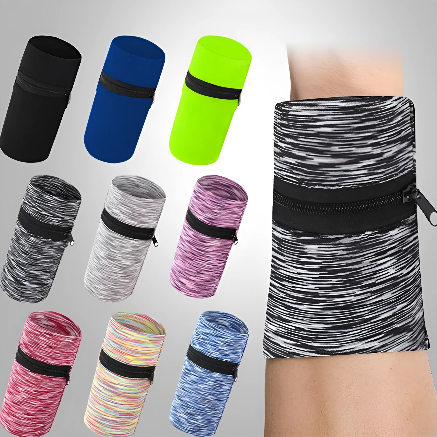 Large capacity running arm phone bag in multiple colours including black, blue, orange, and striped patterns