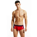 Men's cotton low waist boxers with hip-lifting function in red, dark blue, and light grey colours