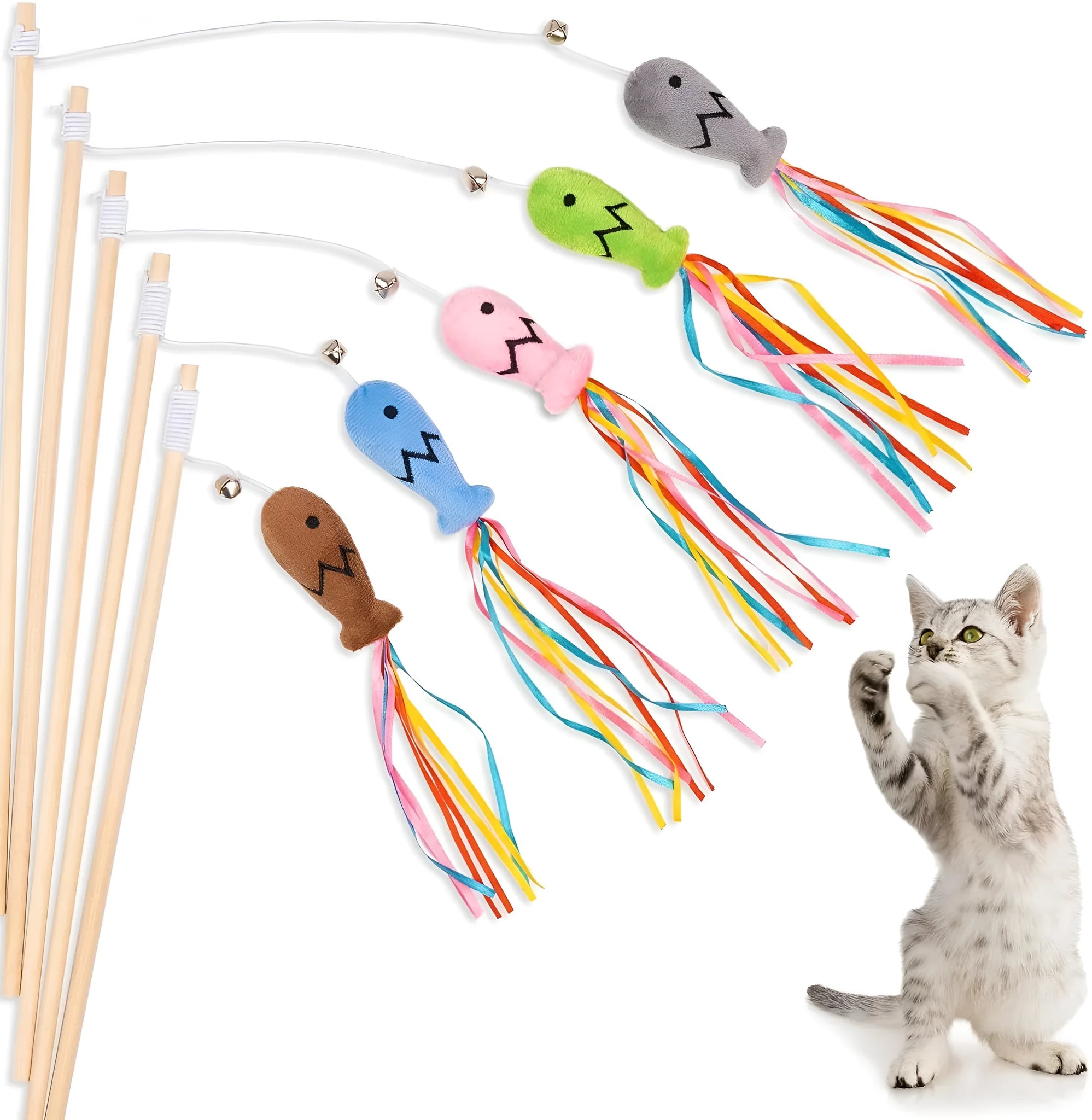 Cat wand toy with wooden handle, colourful ribbons, bell and catnip fish attachment