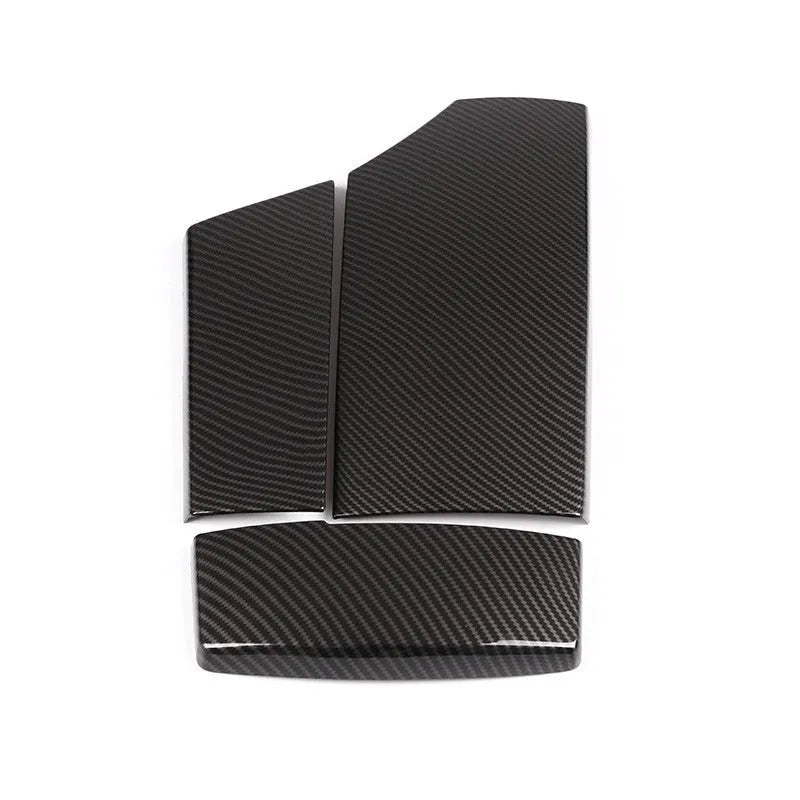Three ABS protective covers with carbon fibre pattern for car armrest box, showing dimensions and buckle installation