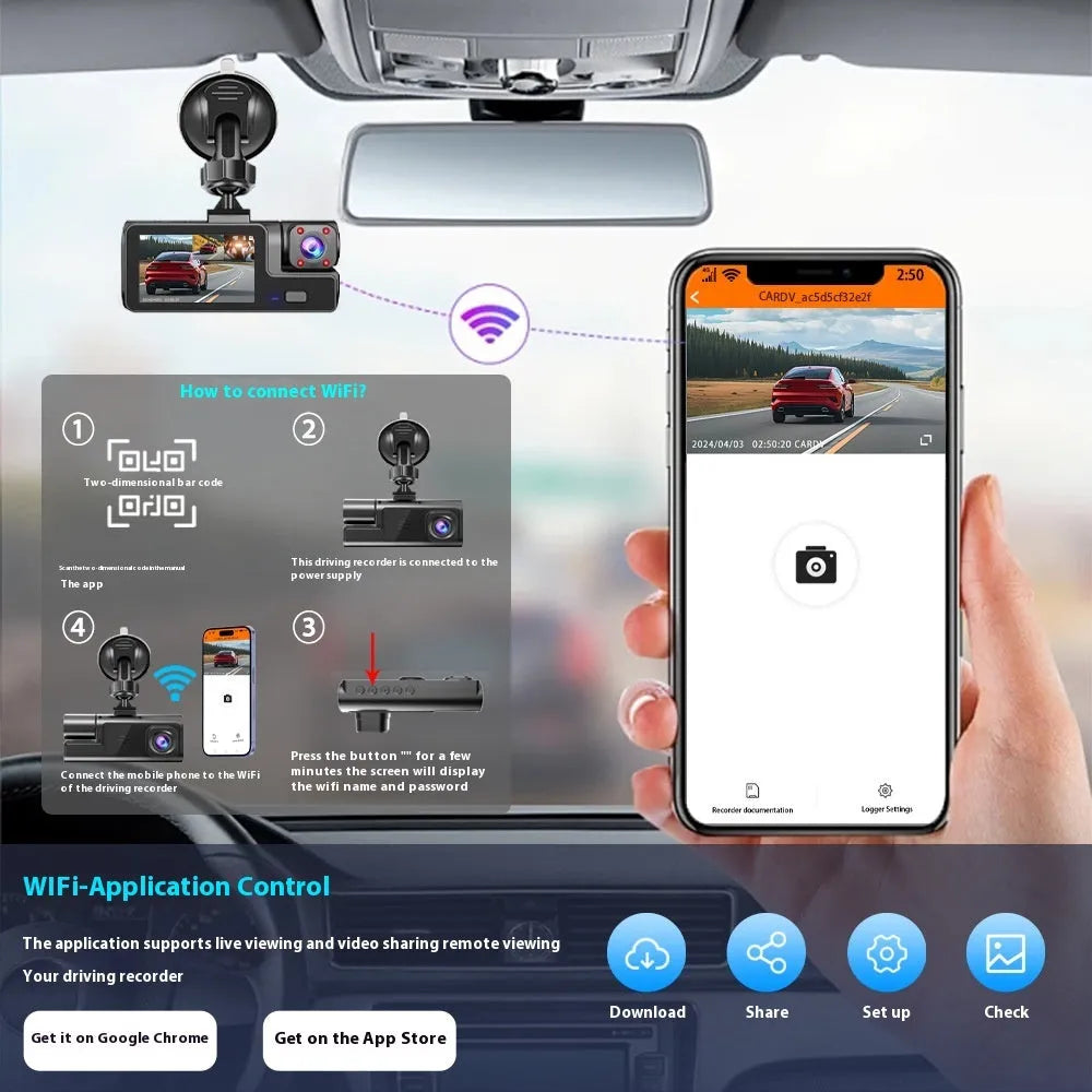 Black car dash cam with 2-inch screen mounted on windscreen, showing live reversing camera feed.