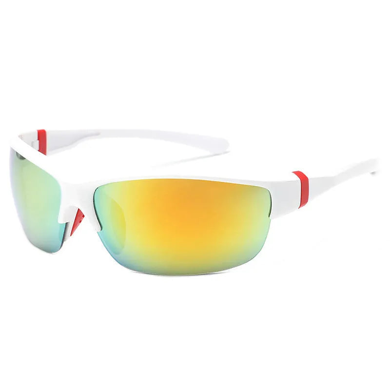 Men's windproof cycling sunglasses with semi-frameless frame and PC lenses in multiple colour options.