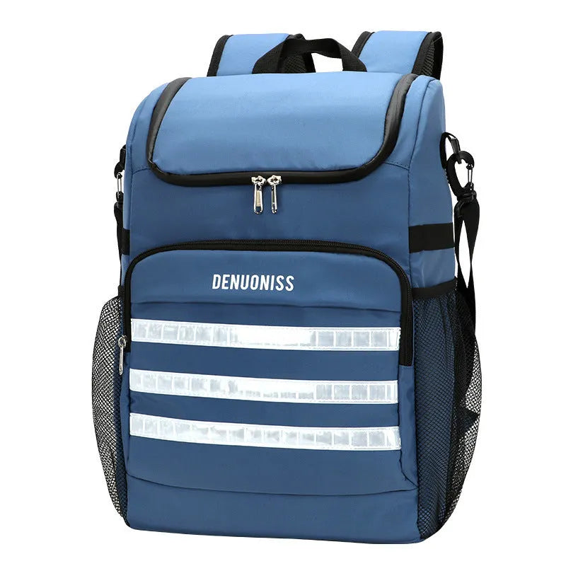 Waterproof insulated cooler backpack with mounted bottle opener in lake blue colour showing 20 litre capacity
