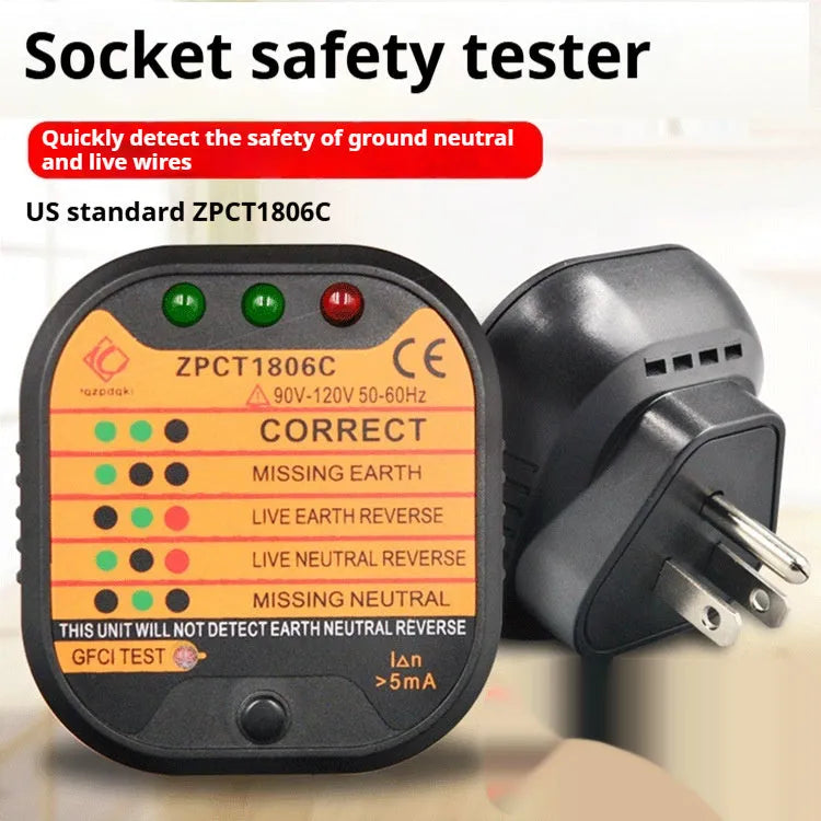 Black handheld electrical socket tester with LED lights for detecting wiring faults in UK, EU, or US outlets.