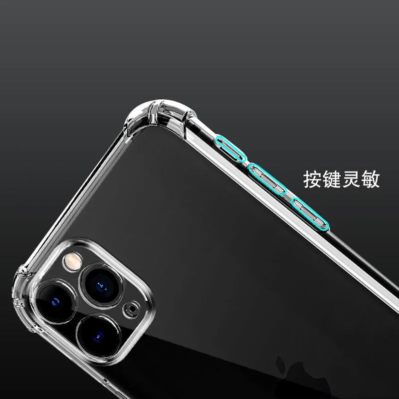 Thickened transparent TPU iPhone case with four-corner airbag protection shown on iPhone
