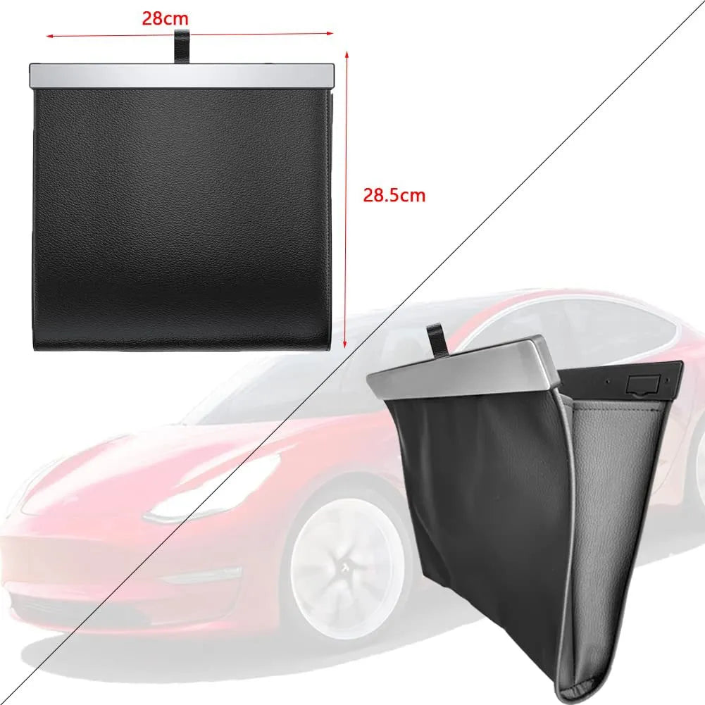 Leather waterproof car garbage bag hanging with foldable design in black